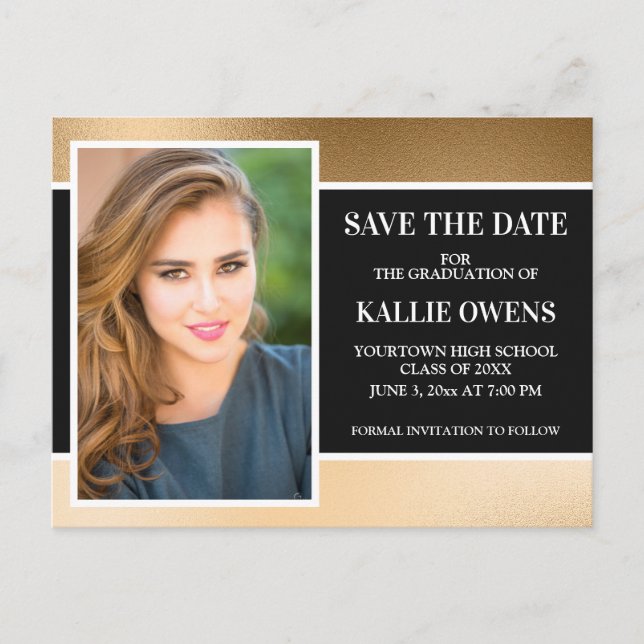 Black Gold Graduation Save the Date Announcement Postcard (Front)
