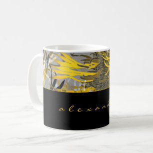 Black Gold & Gray Abstract Floral   Name   Script Coffee Mug