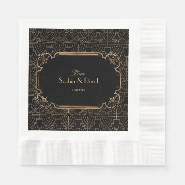 Black Gold Great Gatsby Art Deco 1920s Wedding Napkin (Front)