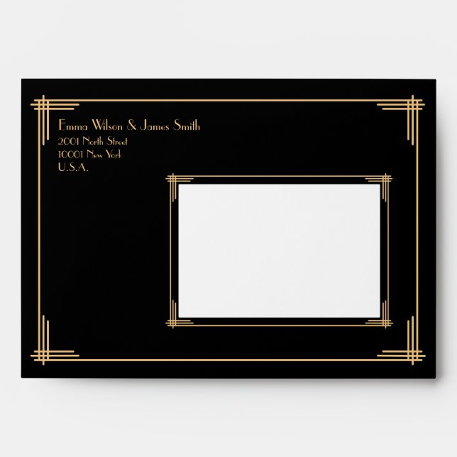 Black Gold Great Gatsby Art Deco Wedding Envelopes (Front)