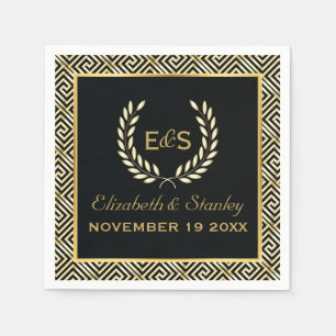 Black, gold Greek key and laurel wreath wedding Napkin
