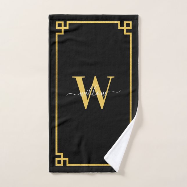 Black & Gold Greek Key Monogrammed  Bath Towel Set (Hand Towel)