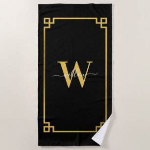 Black & Gold Greek Key Monogrammed Beach Towel