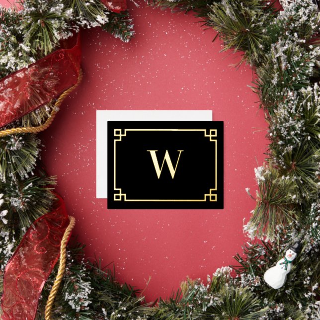 Black & Gold Greek Key Monogrammed Foil Holiday Postcard (Insitu)
