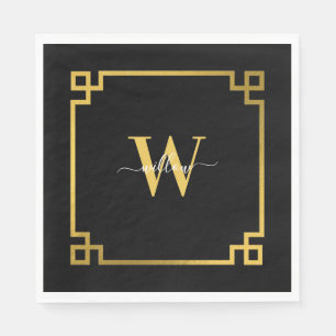 Black & Gold Greek Key Monogrammed  Napkin