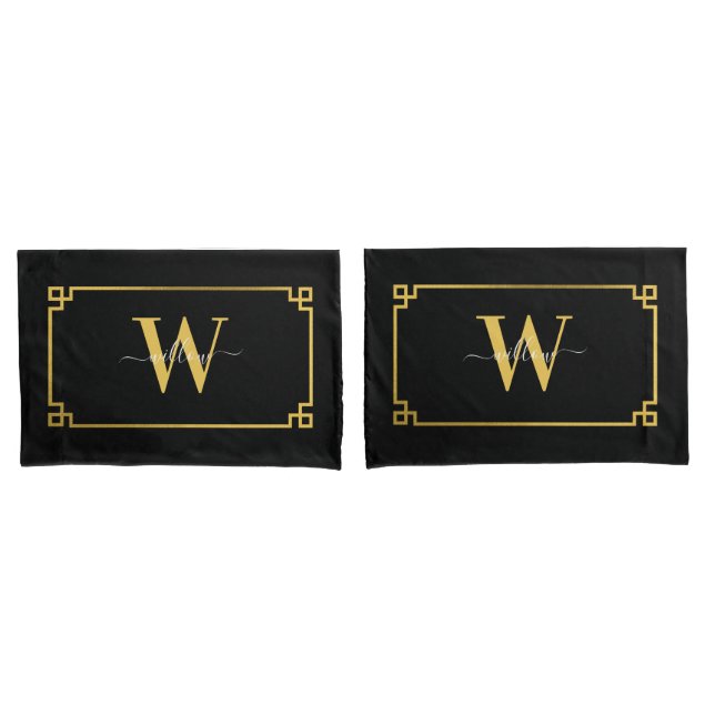 Black & Gold Greek Key Monogrammed  Pillowcase (Front-Set)