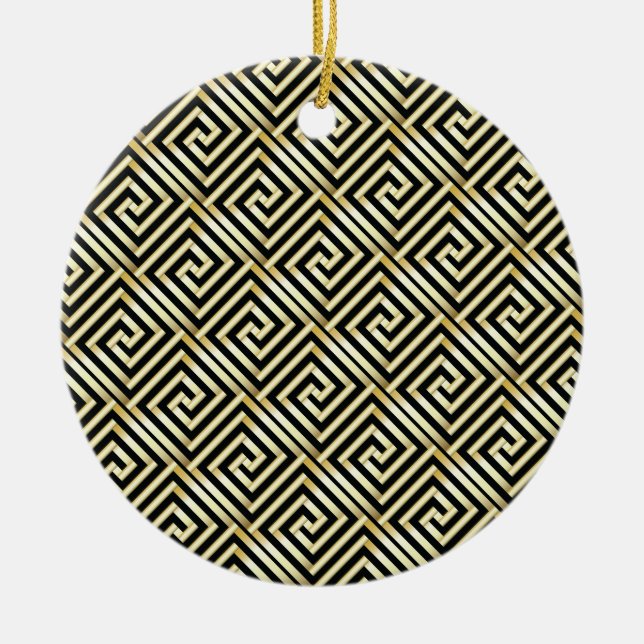 Black, gold Greek key pattern Ceramic Ornament (Front)