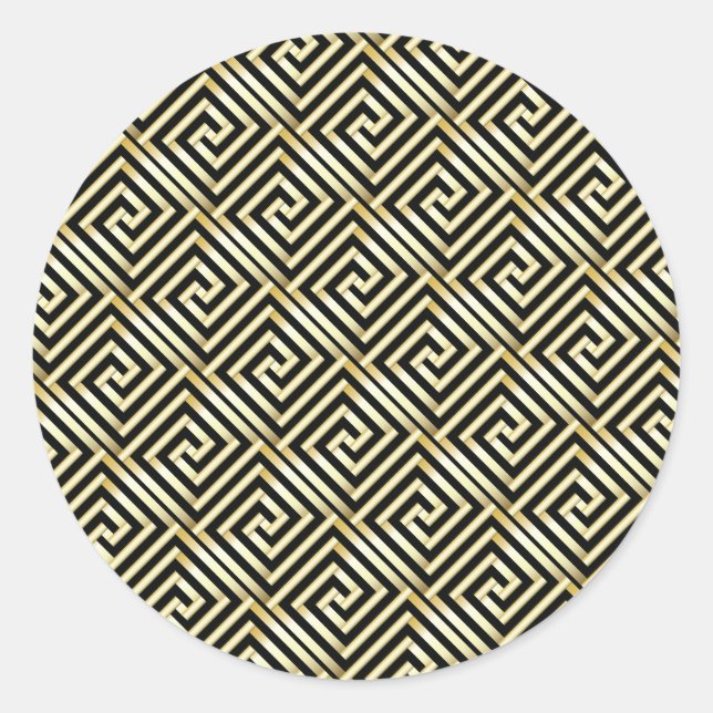 Black, gold Greek key pattern Classic Round Sticker (Front)