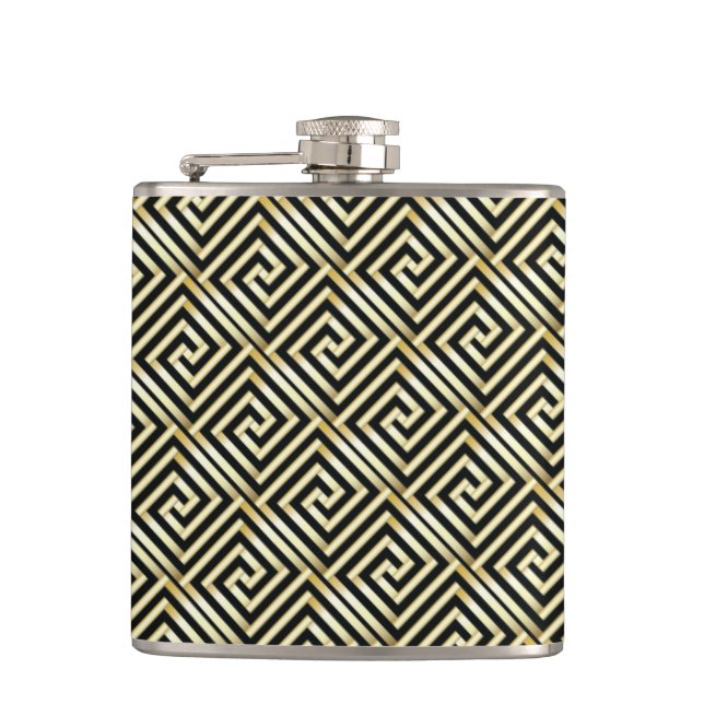 Black, gold Greek key pattern Hip Flask (Front)