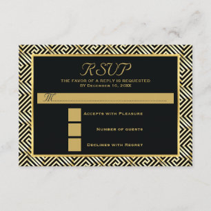 Black, gold Greek key wedding RSVP reply Card
