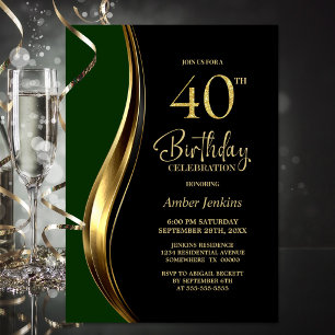 Black Gold Green 40th Birthday Party Invitation