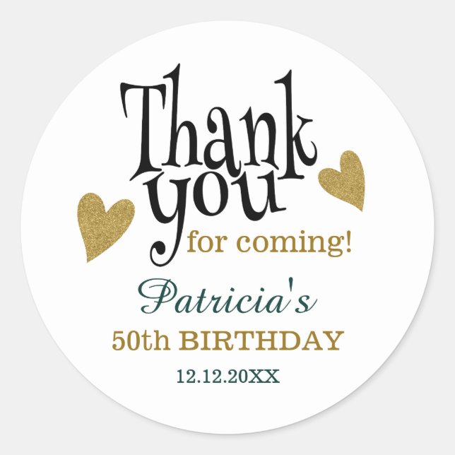 Black Gold Green 50th Birthday Thank You Favour  Classic Round Sticker (Front)