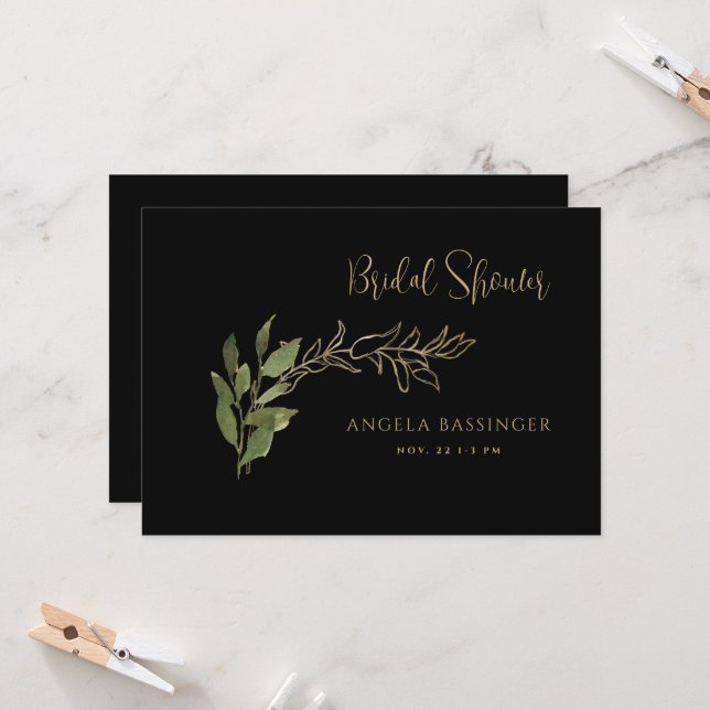 Black Gold & Green Foliage Bridal Shower Invitation (Front/Back In Situ)