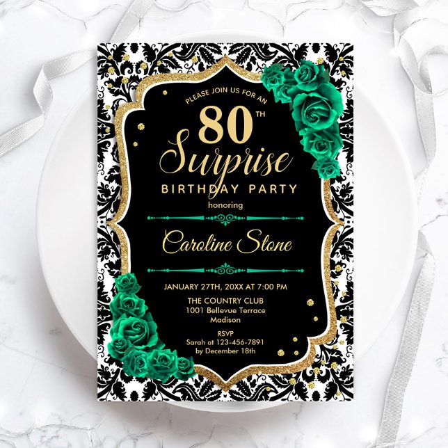 Black Gold Green Roses Surprise 80th Birthday Invitation (Creator Uploaded)