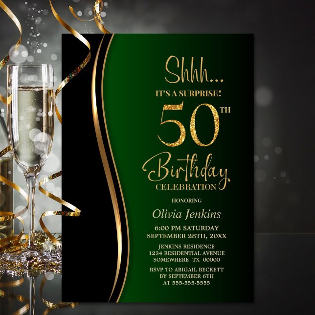 Black Gold Green Surprise 50th Birthday Invitation (Creator Uploaded)