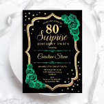 Black Gold Green Surprise 80th Birthday Invitation<br><div class="desc">Surprise 80th Birthday Party Invitation. Feminine black and emerald green design with faux glitter gold. Features roses,  script font and confetti. Perfect for an elegant women's bday celebration. Can be personalized to show any age. Printed Zazzle invitations or instant download digital printable template.</div>
