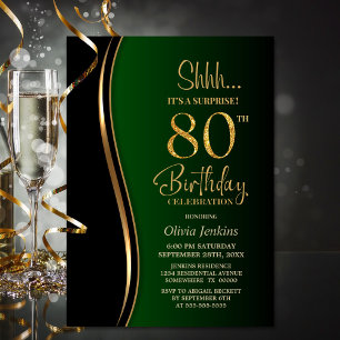 Black Gold Green Surprise 80th Birthday Invitation