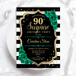 Black gold Green Surprise 90th Birthday Invitation<br><div class="desc">Surprise 90th Birthday Party Invitation. Feminine black,  white and emerald green design with faux glitter gold. Features black and white stripes,  roses,  script font and confetti. Perfect for an elegant women's bday celebration. Can be personalized to show any age. Printed Zazzle invitations or instant download digital printable template.</div>