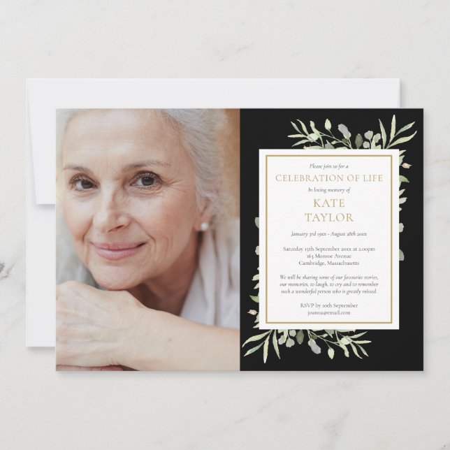 Black Gold Greenery Celebration of Life Photo Invitation (Front)
