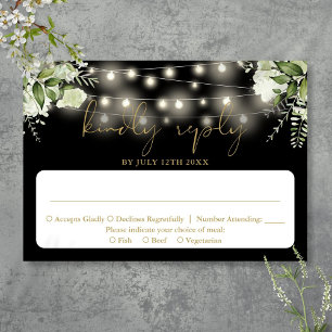 Black Gold Greenery Floral String Lights Wedding RSVP Card