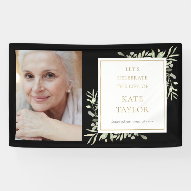 Black Gold Greenery Photo Funeral Memorial Service Banner (Horizontal)