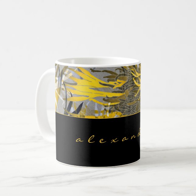 Black Gold & Grey Abstract Floral | Name | Script Coffee Mug (Front Left)