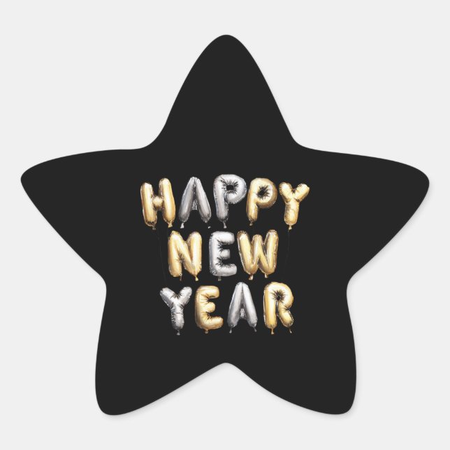 Black Gold Grey Happy New Year Star Sticker (Front)