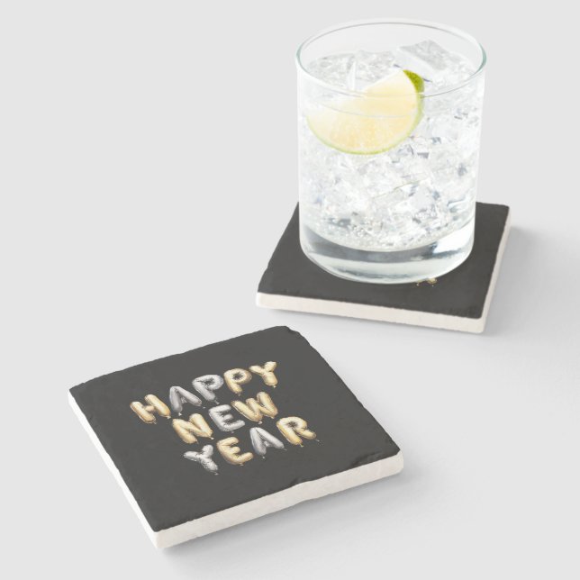 Black Gold Grey Happy New Year Stone Coaster (Side)