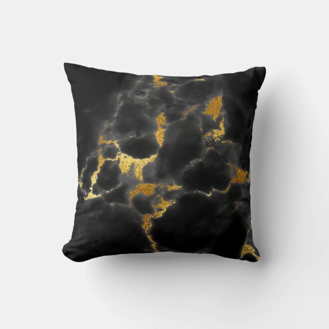 Black Gold Grey Marble Stone Glam Throw Pillow (Front)