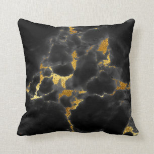 Black Gold Grey Marble Stone Glam Throw Pillow
