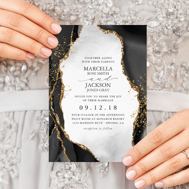 Black, Gold & Grey Mist Agate Wedding Invitation (Creator Uploaded)