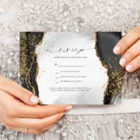 Black, Gold & Grey Mist Agate Wedding RSVP Invitat
