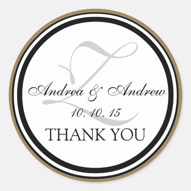 Black Gold Grey Monogram Z Wedding Thank You Classic Round Sticker (Front)