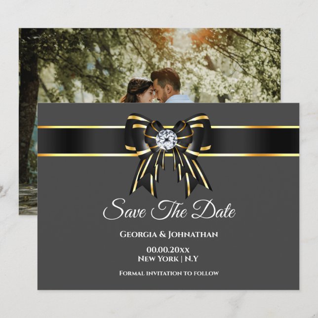 Black gold grey satin bow diamond with photo save the date (Front/Back)