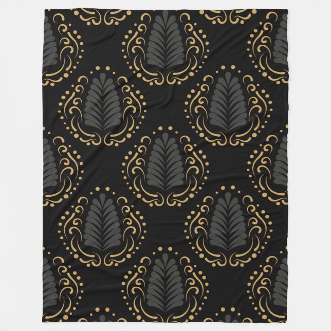 Black Gold & Grey Stylized Damasks Pattern Fleece Blanket (Front)