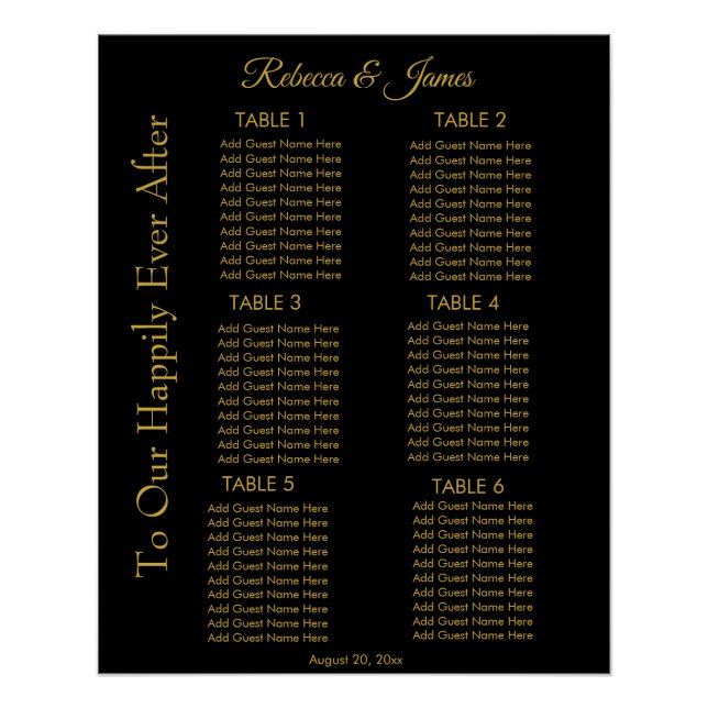 Black & Gold Happily Ever After Seating Chart  (Front)