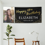 Black Gold Happy 18th Birthday Photo Banner<br><div class="desc">Modern 18th birthday party banner featuring a stylish black background that can be changed to any colour,  a photo of the birthday boy/girl,  gold sparkly glitter,  the words "happy 18th birthday" in a faux gold foil script,  their name,  and the date.</div>