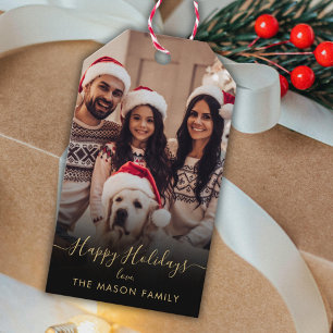 Black Gold Happy Holidays Script Family Photo Gift Tags