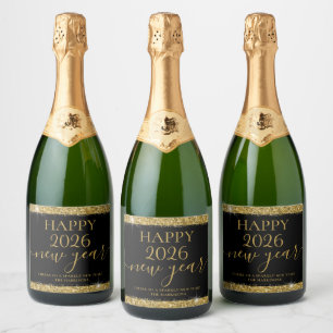 Black Gold Happy New Year 2026 Personalized Sparkling Wine Label