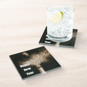 Black Gold Happy New Year Champagne Bottle Glass Coaster