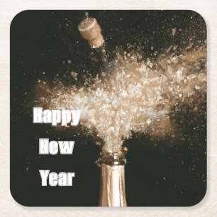 Black Gold Happy New Year Champagne Bottle Square Paper Coaster