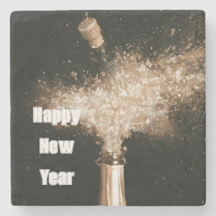 Black Gold Happy New Year Champagne Bottle Stone Coaster