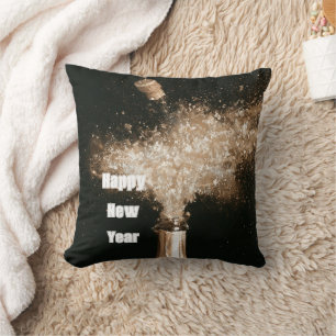 Black Gold Happy New Year Champagne Bottle Throw Pillow