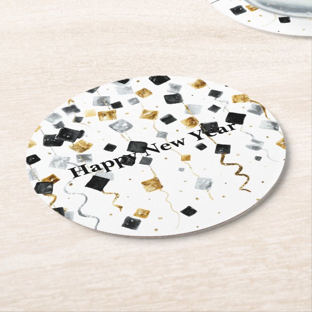 Black Gold Happy New Year Confetti Round Paper Coaster (Angled)