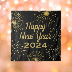 Black Gold Happy New Year Party 2025 Backdrop Tapestry
