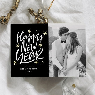 Black & Gold Happy New Year Photo Foil Holiday Card