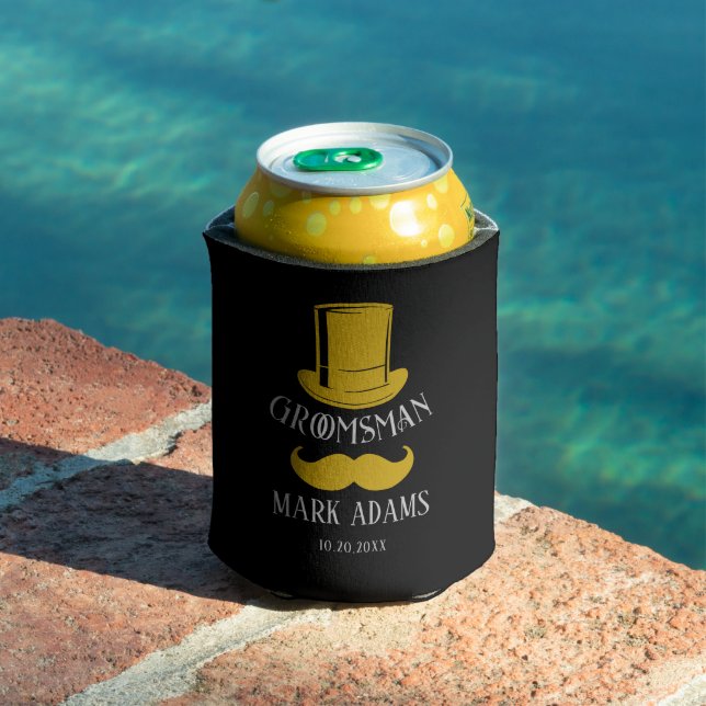Black Gold Hat Moustache Gentleman Groomsmen Gift Can Cooler (In Situ Pool)
