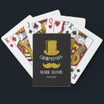 Black Gold Hat Moustache Gentleman Groomsmen Gift Playing Cards<br><div class="desc">Celebrate your special day with this exquisite modern era-inspired Playing Card Groomsmen Gifts, the perfect blend of classic elegance and contemporary flair. These meticulously designed playing cards are more than just a deck; they are a customized, personalized gift that adds a touch of sophistication to weddings, bachelor parties, engagement parties,...</div>