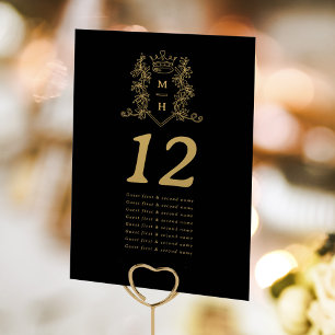 Black Gold heart crown guests names wedding  Table Number