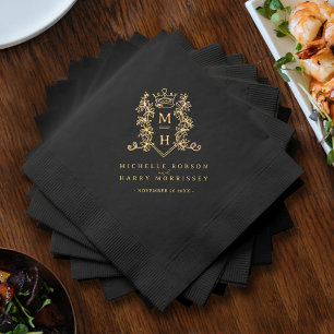 Black Gold heart crown wedding monogrammed custom Foil Napkins
